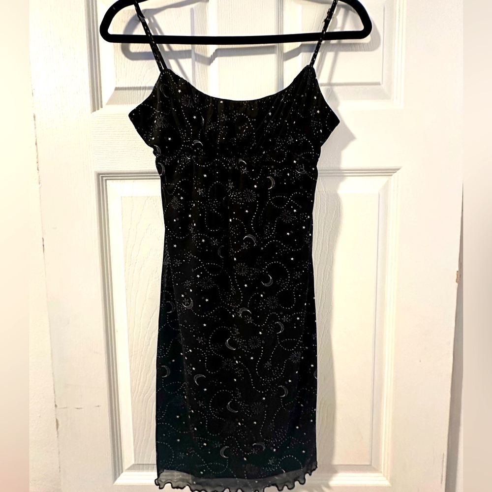 Black summer short dress sheer star moon sun overlay spaghetti strap never worn